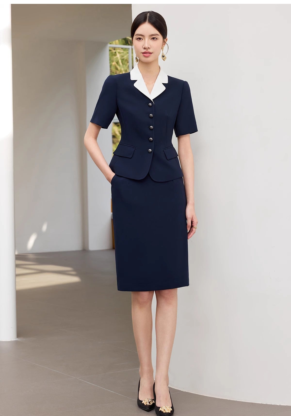Summer New Navy Blue Short-Sleeved Professional Suit Suit Color-Blocked Suit Collar Single-Breasted Slim Slim Work Clothes