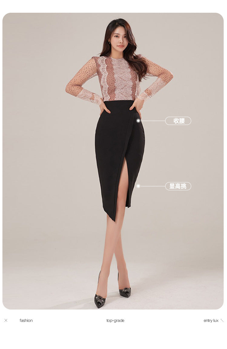 Foreign Trade Women's Clothing 2025 Spring and Summer Round Neck Sexy Polka Dot Mesh Slim Top + High Waist Slim Slit Hip Skirt