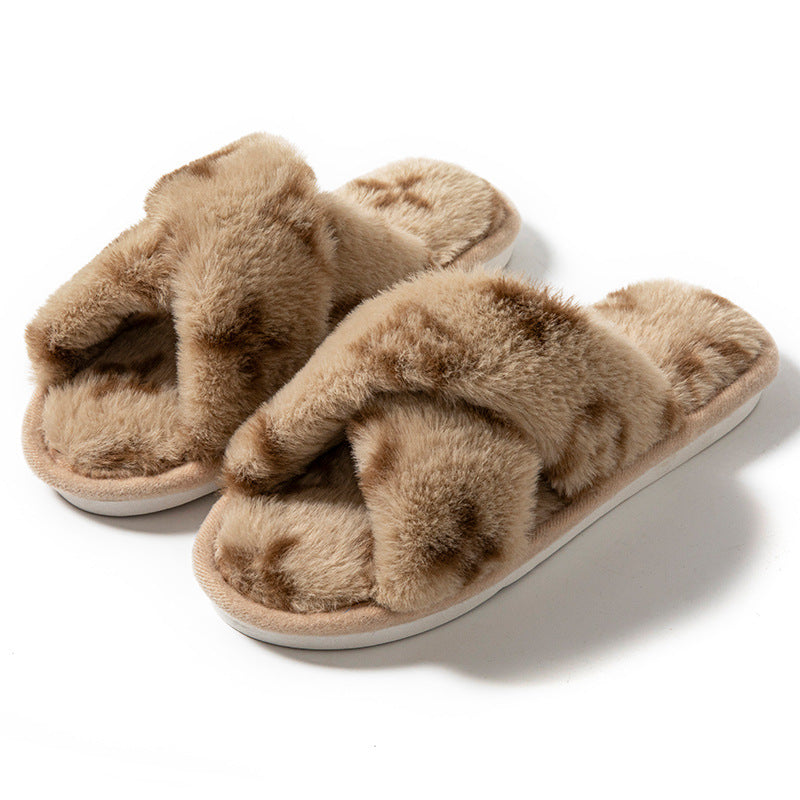 Four-leaf clover cross-opening cross-border foreign trade open-toe women's slippers autumn and winter four seasons open-ended slippers imitation rabbit hair