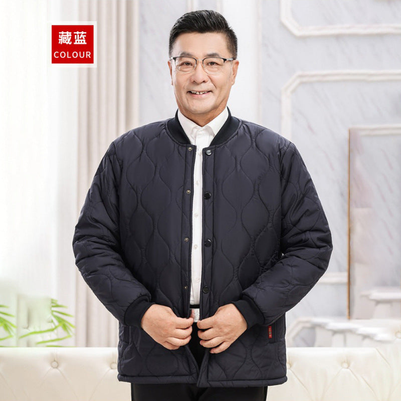 2025 Autumn and Winter Men's Cotton-Padded Jacket with Fleece Lining, Thickened Snap Button Coat for Middle-Aged and Elderly, Warm Top, Versatile Dad Outfit