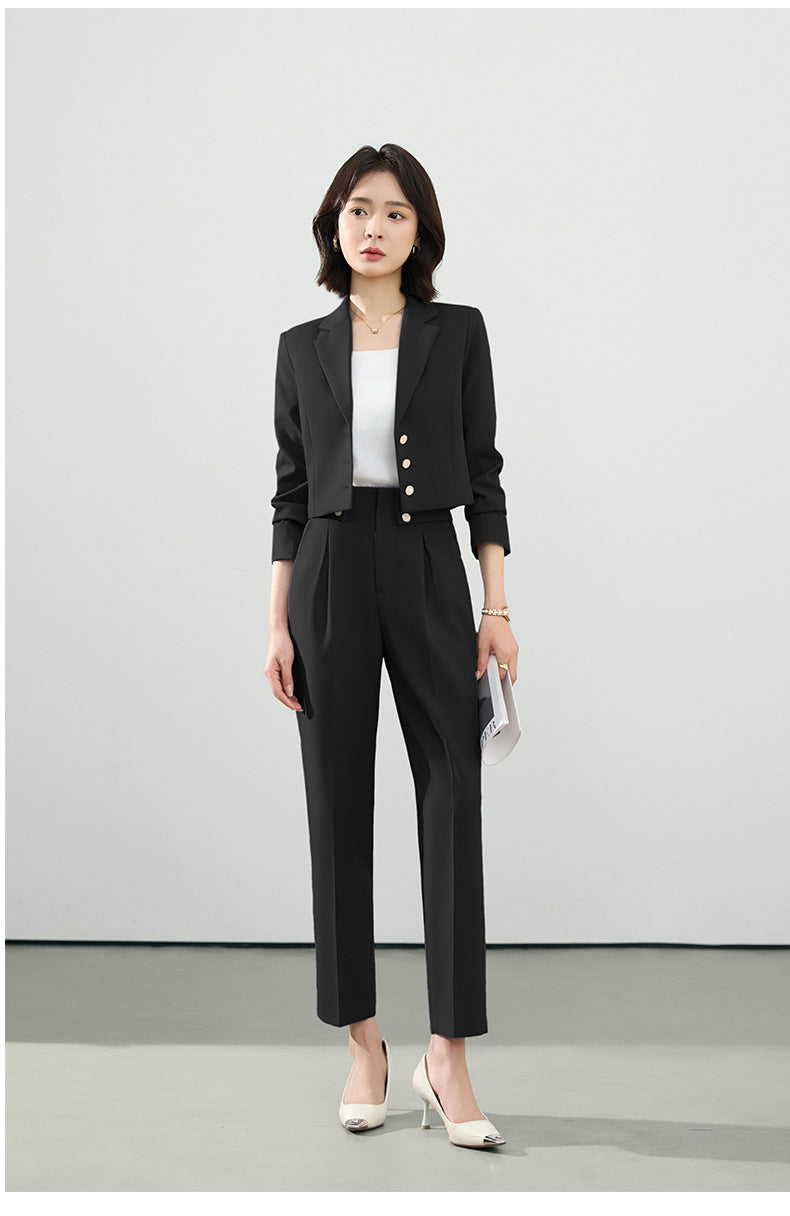 Cross-Border Gray Suit Set for Women, Spring and Autumn Short Style Professional Formal Wear, Hotel Front Desk Long-Sleeve Workwear Blazer