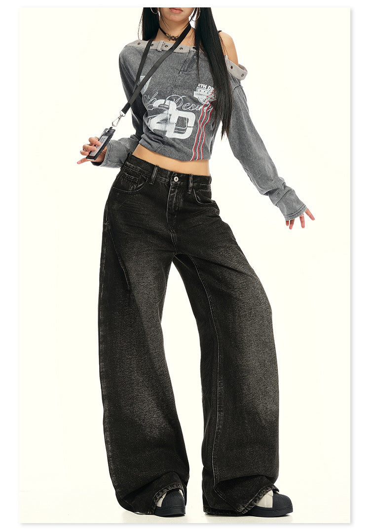 American Retro Wide-Leg Jeans for Women 2025 Early Autumn New Design Distressed Slimming Straight-Leg Floor-Length Pants