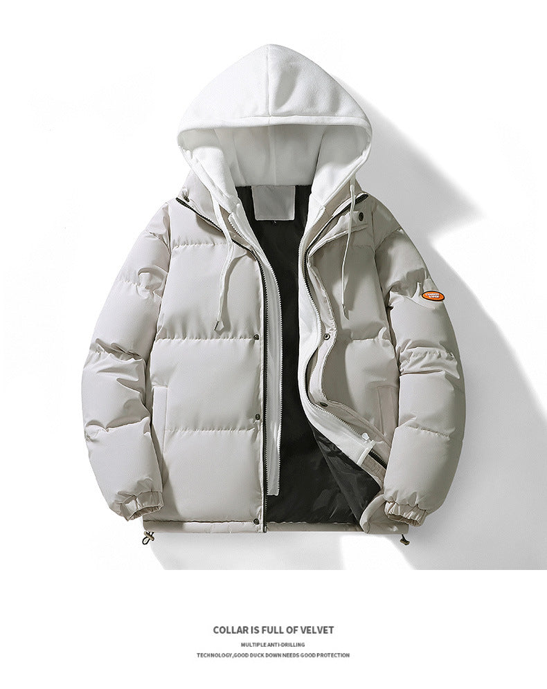 Autumn and Winter New Style Fake Two-Piece Cotton Jacket for Men, High-Quality Puffer Jacket, Couple's Style, Thickened and Warm Hooded Cotton Coat