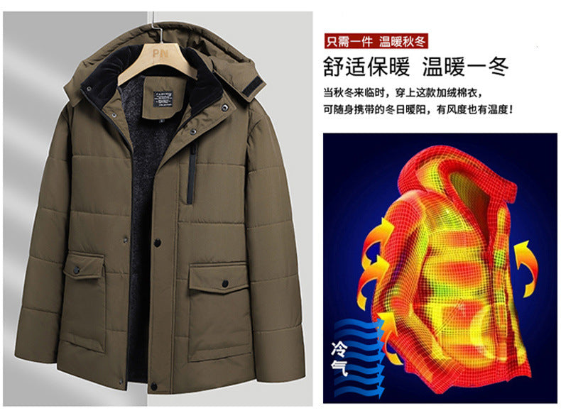 Winter Grandpa Cotton-Padded Jacket for Middle-Aged and Elderly Men, Thick Fleece-Lined Hooded Warm Coat, Middle-Aged and Elderly Dad's Cotton-Padded Jacket