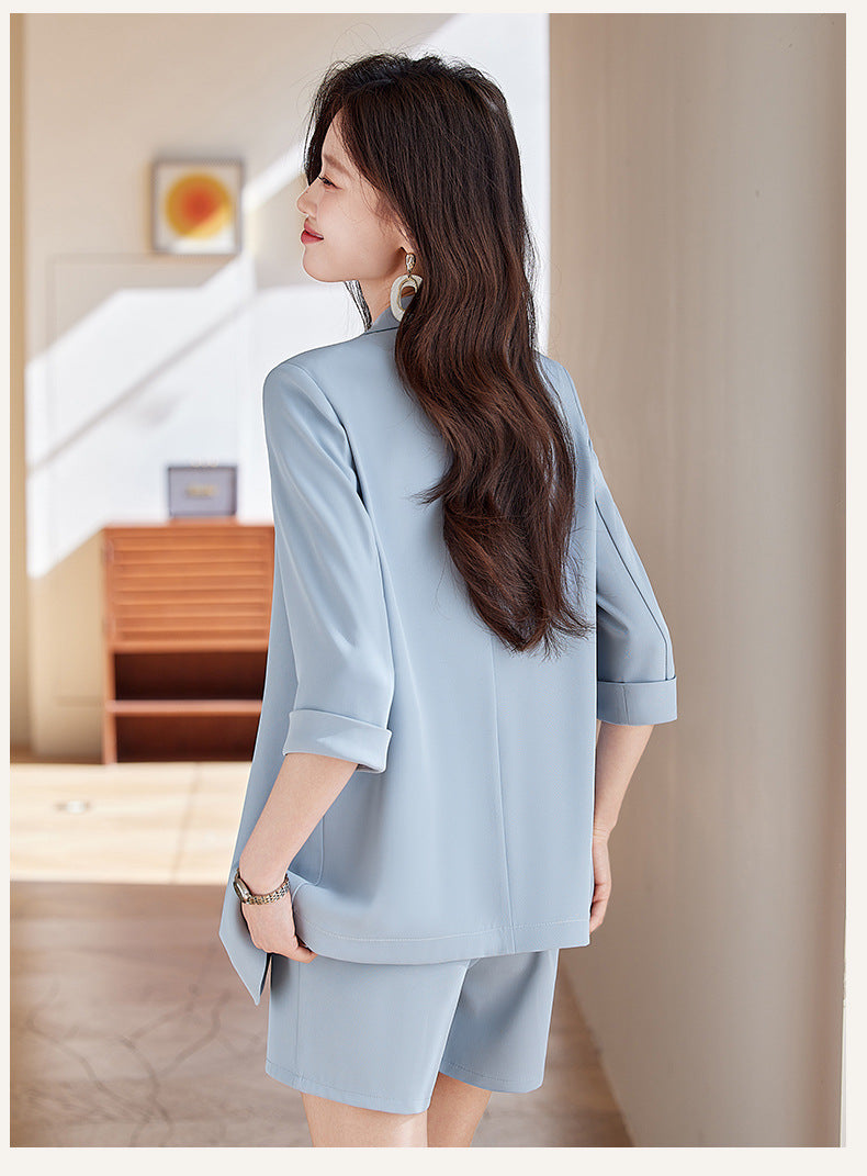 Blue Mid-Sleeve Chiffon Suit Jacket for Women 2025 New Summer Thin Style Fashionable High-End Shorts Suit