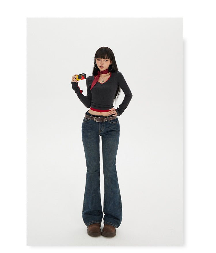 American Hot Girl Low-Waist Bootcut Jeans for Women 2025 Autum New Slim Fit Elastic Slimming Look Horseshoe Flared Pants