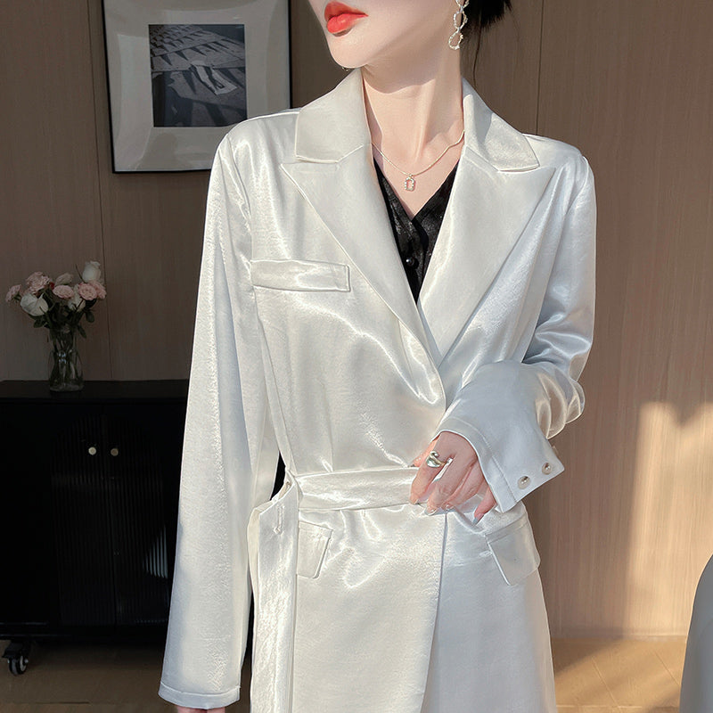 Light Luxury French Style Slimming Women's Coat Belt Satin Suit Women's Loose Elegant Glossy Casual Suit
