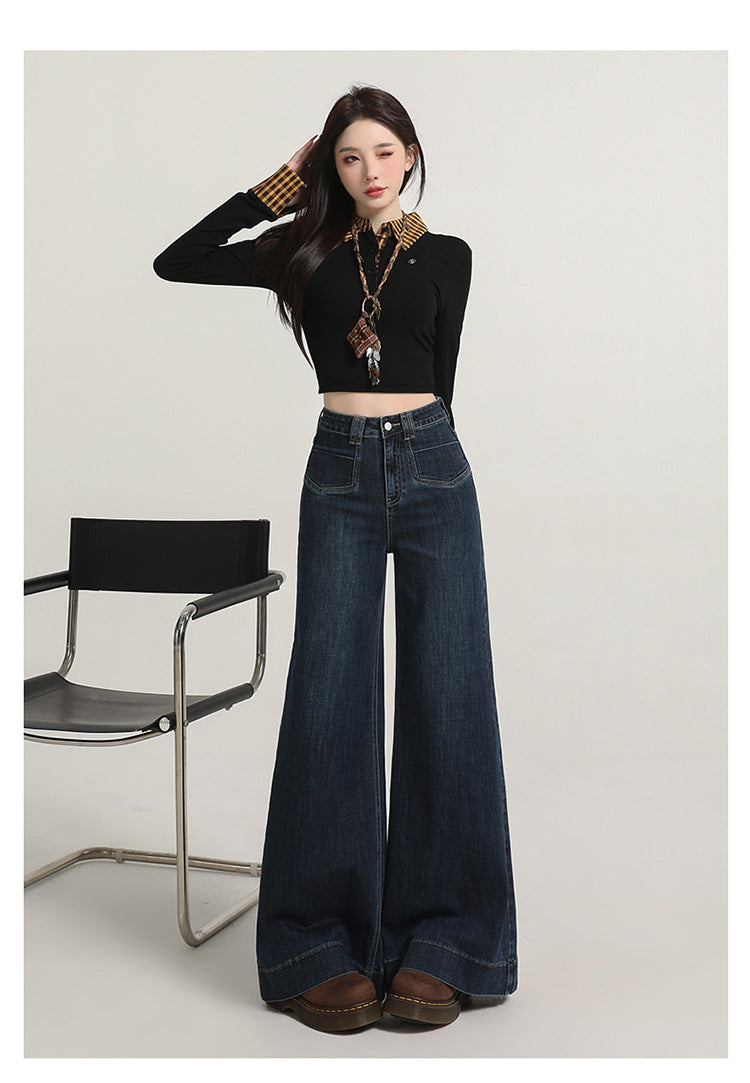 Retro American Style Denim Blue Flared Jeans for Women 2025 Autumn New Slimming Versatile Bootcut Pants