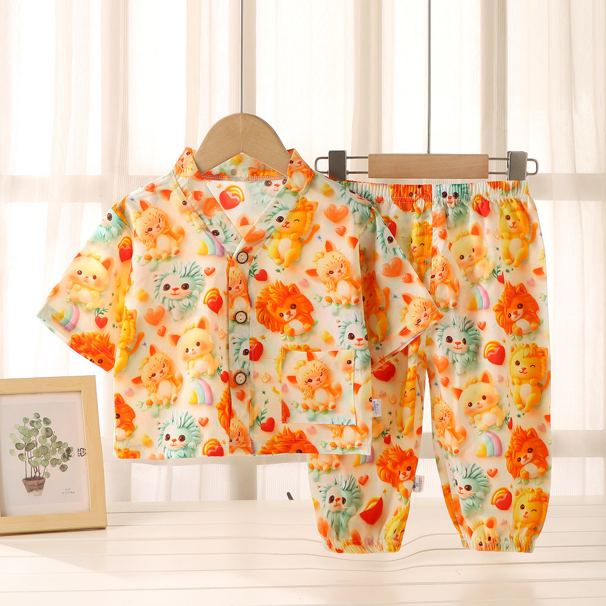Children's Home Clothes Cotton Silk Suit Summer Boys and Girls Pajamas Artificial Cotton Two-Piece Set Cotton Silk Air-Conditioned Clothes Kidsren's Clothing