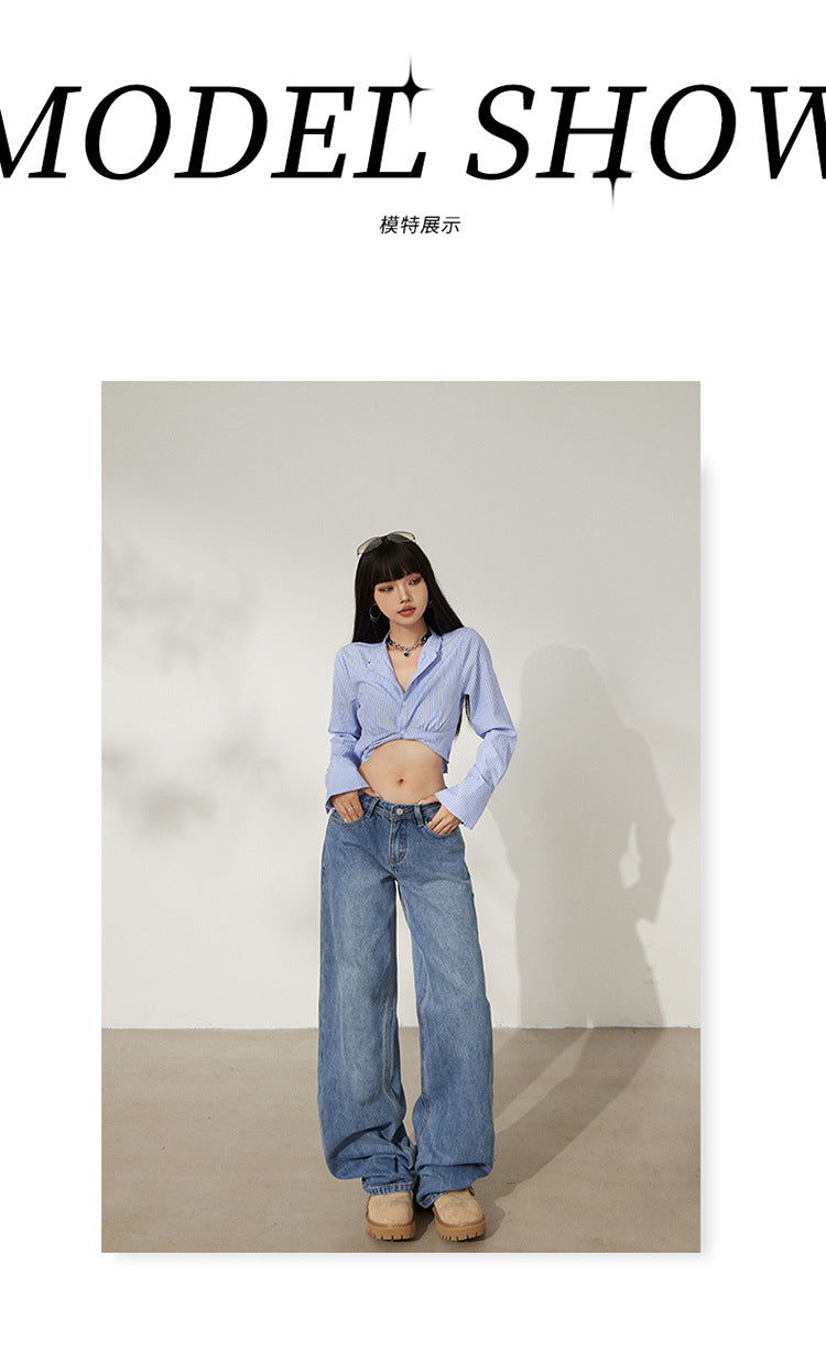 Retro Washed Wide-Leg Jeans for Women, Autumn New Low-Waist Straight Loose Design, Slimming Floor-Length Pants