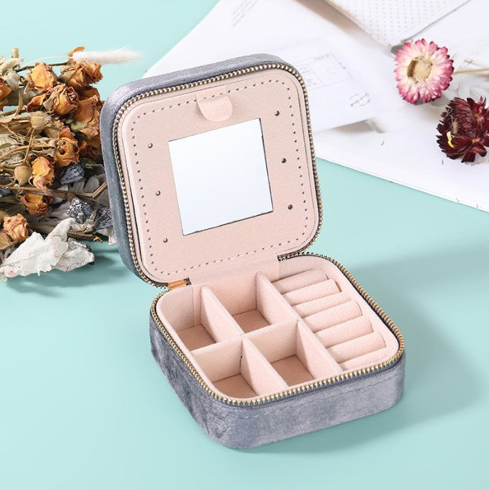 Portable Double-Layer Zipper Velvet Jewelry Storage Box Flip Earrings Earrings Ring Storage Jewelry Box