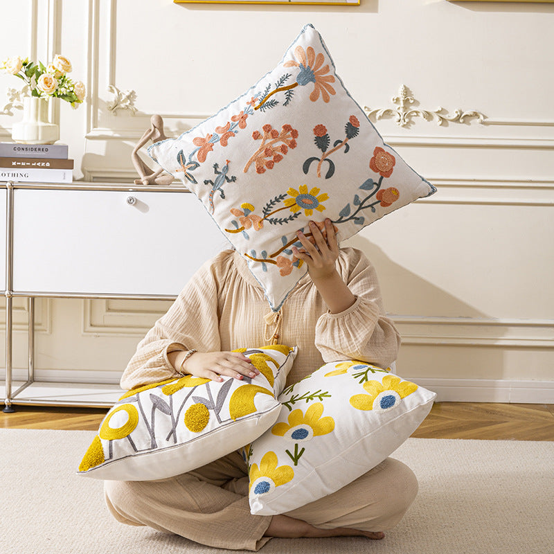 Nordic Towel Embroidered Embroidered Embroidered Pillow Living Room Cream Sofa Cushion Flower Model Room Bay Window Cushion Cover