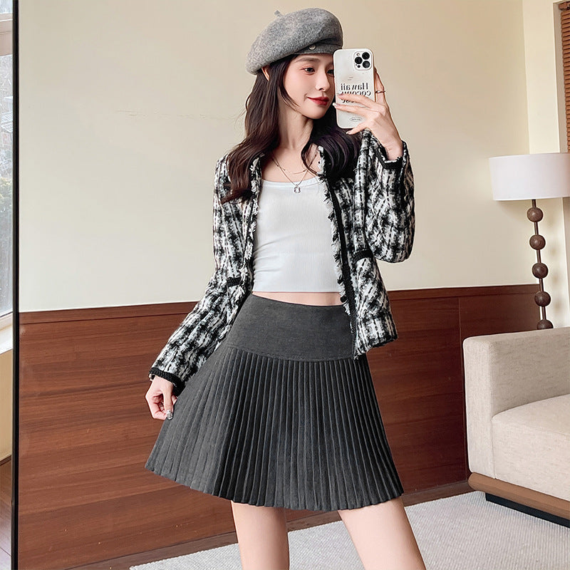Woolen Pleated Skirt Women's Autumn and Winter New High-Waist Slimming Look A-Line Fine Pleated Skirt Winter Thickeneded Half-Length Short Skirt