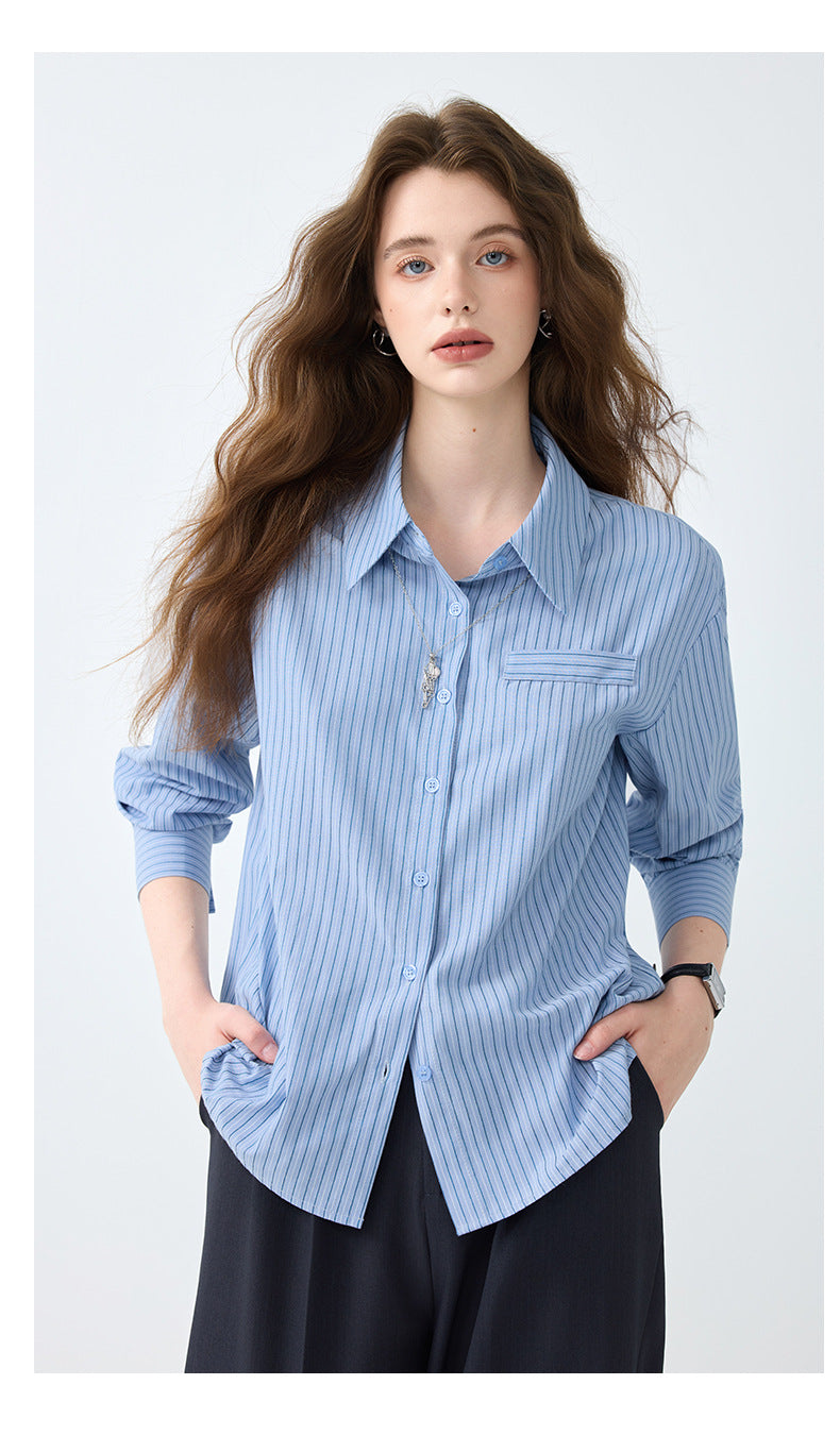 Light Workplace Blue Striped Long-Sleeved Shirt for Women, Spring and Autumn Design Professional Shirt, Commuting Versatile Top