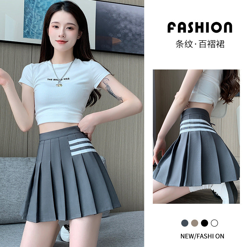 Black Pleated Skirt Summer Women's A- line High Waist New Pleated Skirt Striped Small College Style jk Skirt