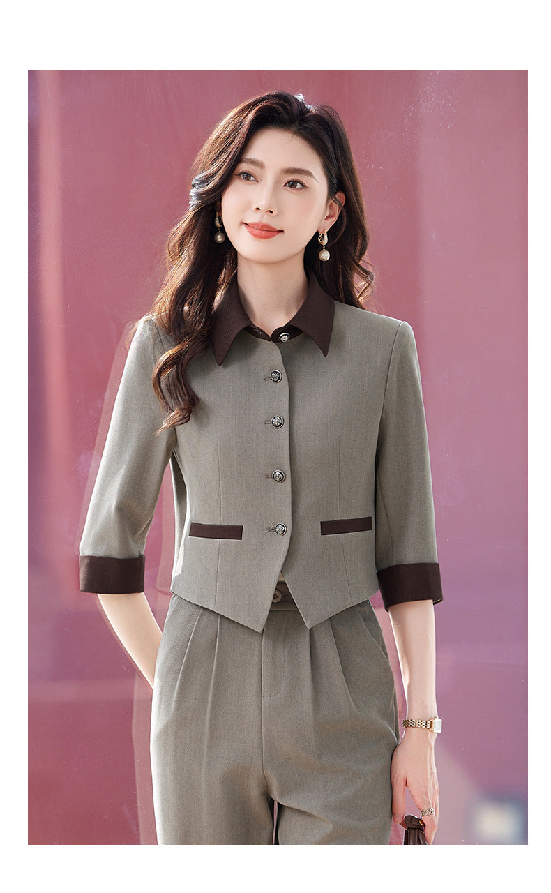 Tweed Style Splicing Jacket with Metal Buckle for Women Spring and Summer New High-End Fashion Doll Collar Elegant Three-Quarter Sleeve Suit