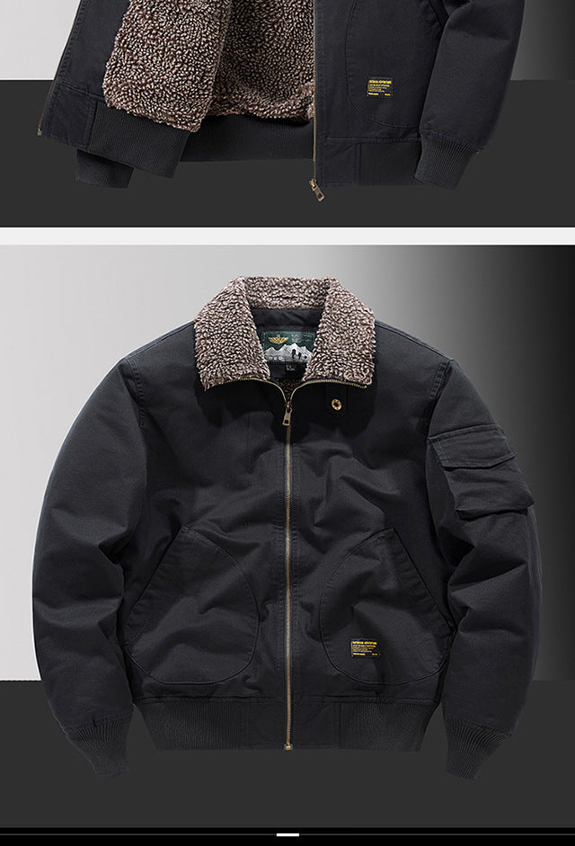 Winter Men's Lapel Pure Cotton American Casual Work Coat Lamb Fleece Coat Maillard Autumn and Winter Cotton Coat 8218