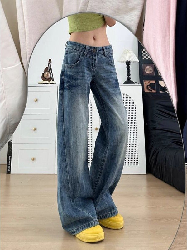 Low-Waist Jeans for Students, Autumn Style, New Loose Straight-Leg Casual Wide-Leg Pants, Ins Hong Kong Style Retro Fashion