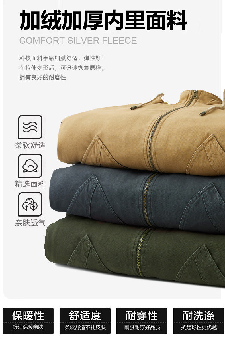 Men's Autumn and Winter Warm Fashion Fleece-Lined Bomber Jacket American-Style Workwear Hooded Cotton Coat for Warmth