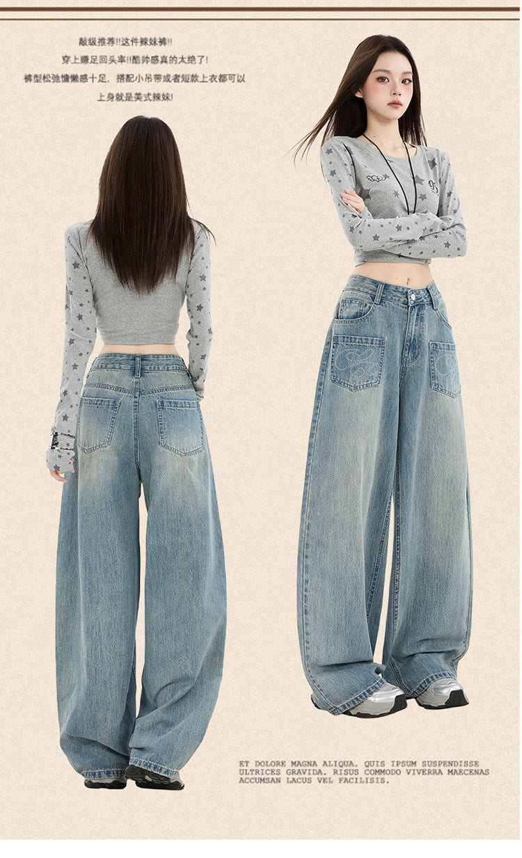 Raccoon House # American Retro Design Embroidered Jeans for Women 2025 Autumn New High-Waisted Loose Wide-Leg Pants Trendy