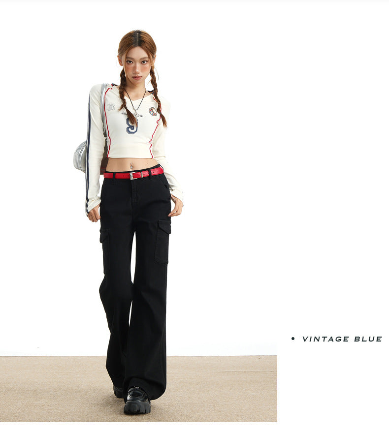 Eye-Catching Autumn and Winter Black Workwear Mid-Waist Elastic European and American Slightly Flared Wide-Leg Floor-Length Casual Jeans for Women