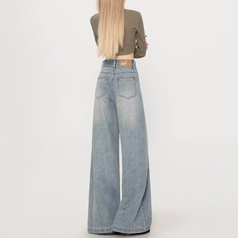 High-Waisted Wide-Leg Jeans for Women, Autumn 2025 New Style, Light Blue Early Autumn Loose Floor-Length Flared Pants, Spring and Autumn Style