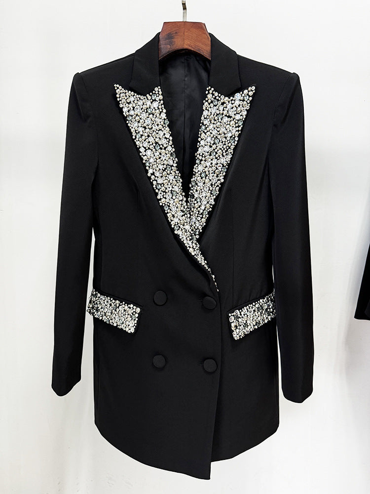 In Stock 2026 European and American Trendy Fashion New Style Handmade Luxurious Heavy Beading and Rhinestone Embellished Slim Fit Mid-Length Blazer