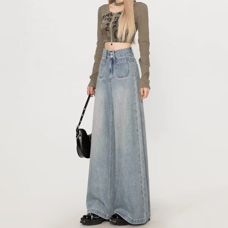 High-Waisted Wide-Leg Jeans for Women, Autumn 2025 New Style, Light Blue Early Autumn Loose Floor-Length Flared Pants, Spring and Autumn Style