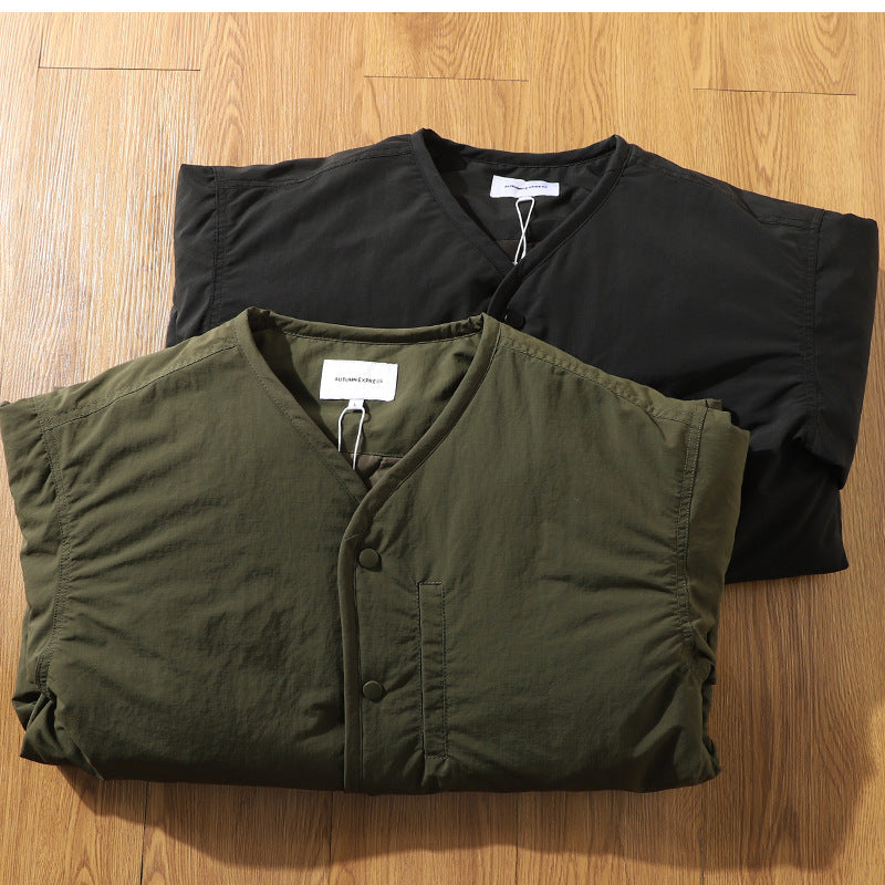 Japanese Retro Collarless Quilted Jacket Men's Windproof Workwear Layered V-Neck Snap Cotton Coat Men