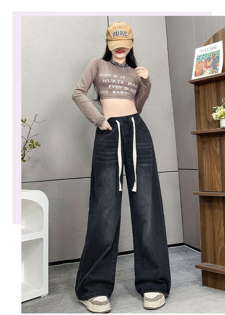 Spring and Summer High-Waisted Wide-Leg Floor-Length Pants for Women, Slim and Versatile Korean Style Student Elastic Waist Drawstring Jeans Large Size