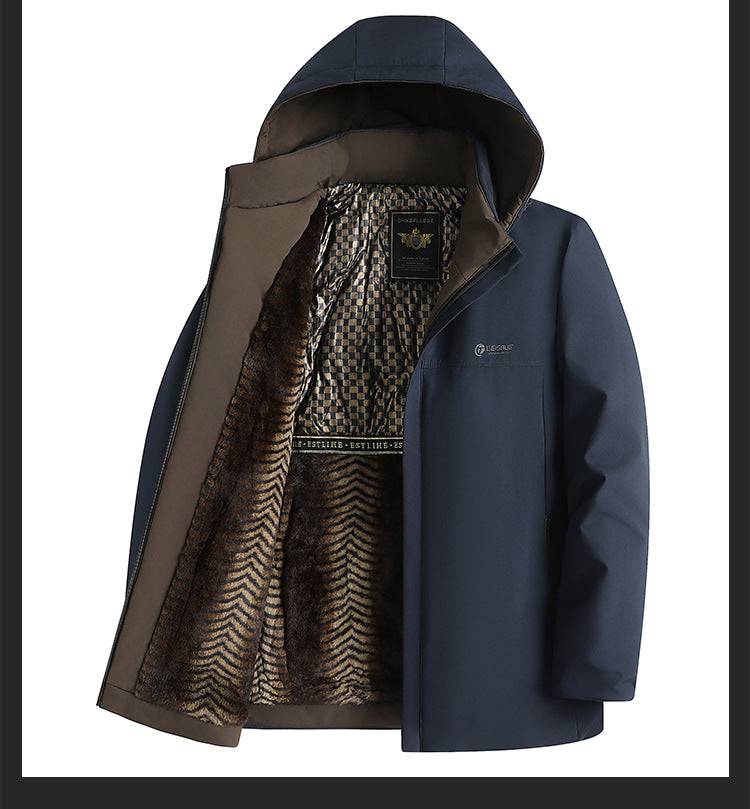 Middle-aged and elderly cotton-padded jacket 2024 winter middle-aged men's fleece-lined hooded jacket business leisure warm cotton-padded jacket
