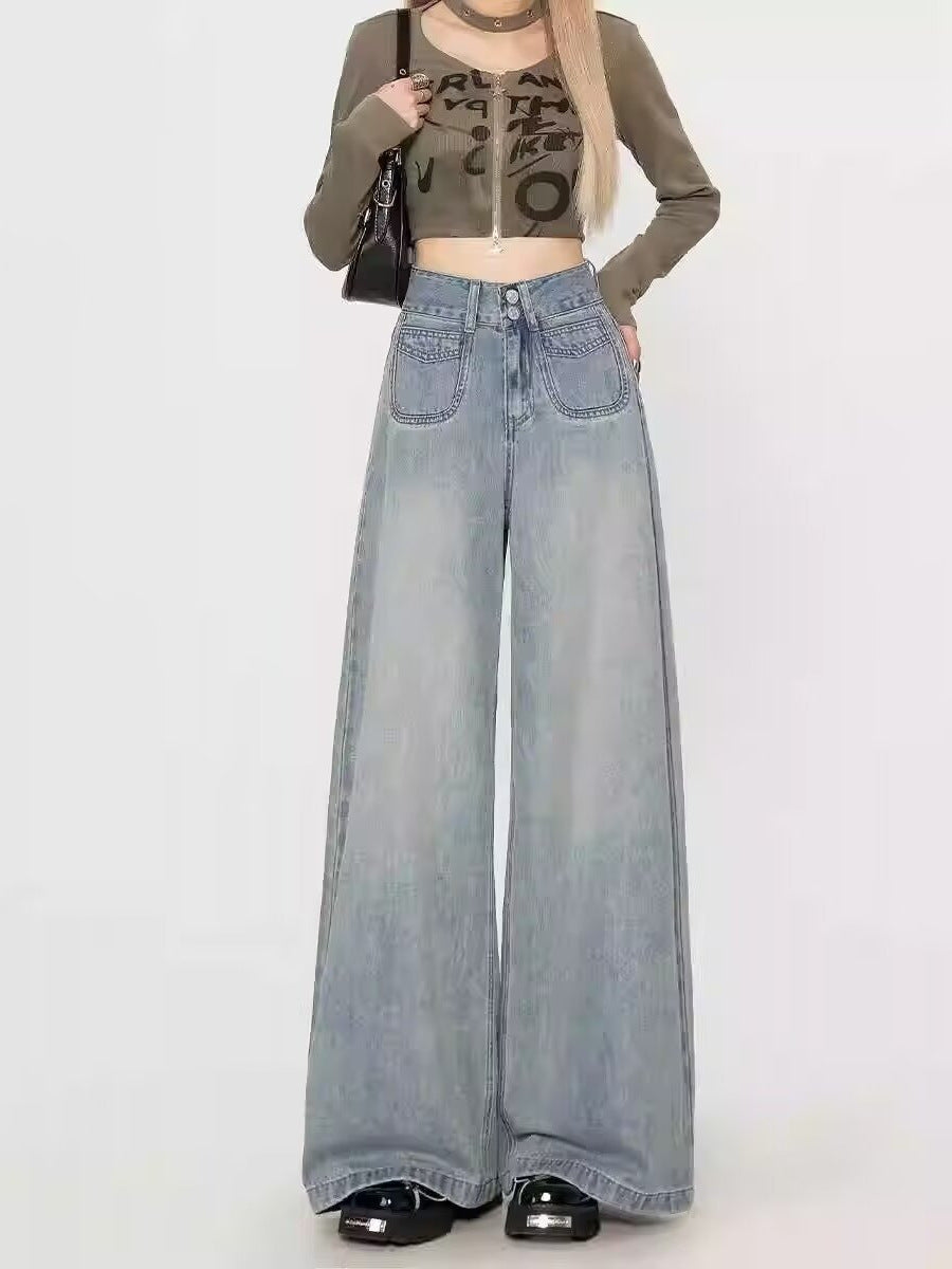 High-Waisted Wide-Leg Jeans for Women, Autumn 2025 New Style, Light Blue Early Autumn Loose Floor-Length Flared Pants, Spring and Autumn Style
