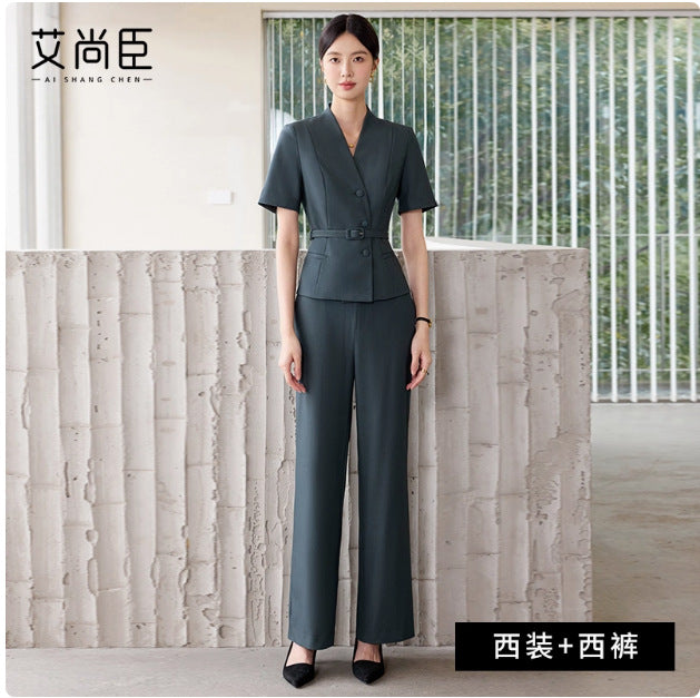 Summer New Design V-Neck Professional Women's Skirt Suit in Gray-Green, Slim-Fit and Flattering, Suitable for Reception and Work Attire
