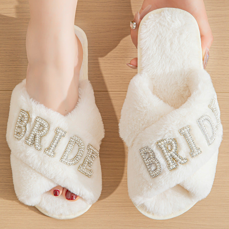 Cross-Border Popular Pearl Letters Bride Bridal Cross Fur Slippers Bachelor Party Wedding Plush Slippers for Women