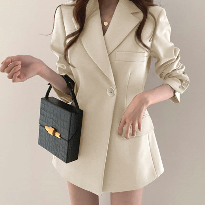khaki Suit Jacket Women's Spring and Autumn Korean-style Ins Hong Kong-style Retro Top Tight Waist Slimming Mid-length Small Suit