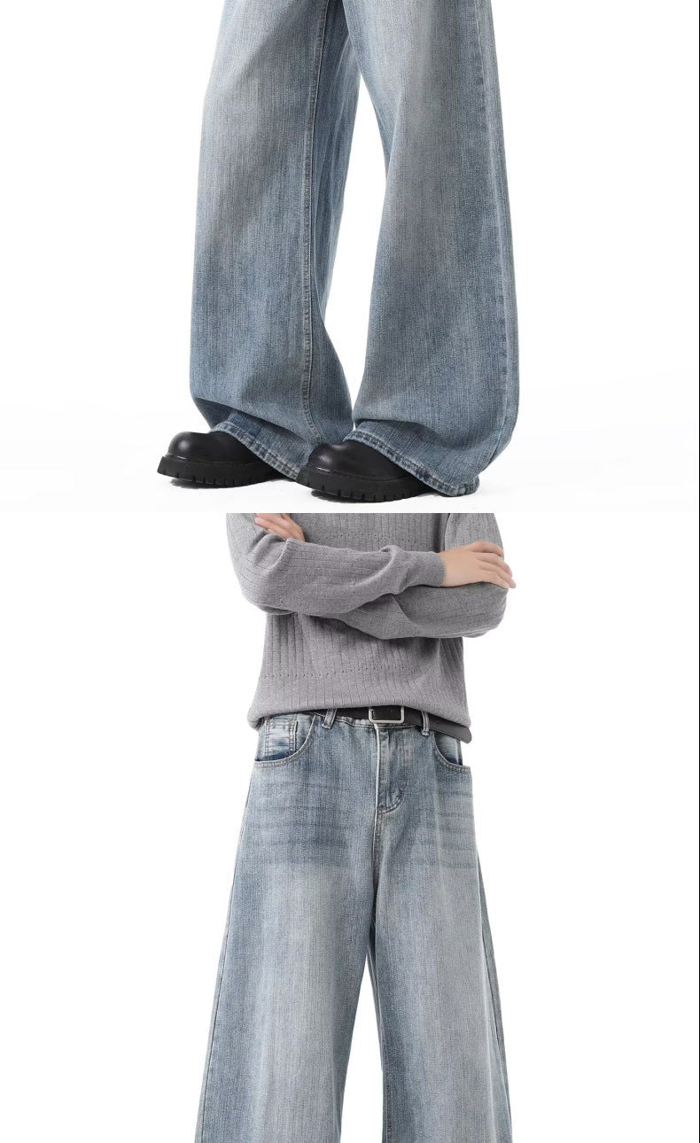 Spring and Autumn American Retro Blue Versatile Wide-Leg Men's Jeans, Stylish Hip-Hop Loose Petite Drape Straight Pants