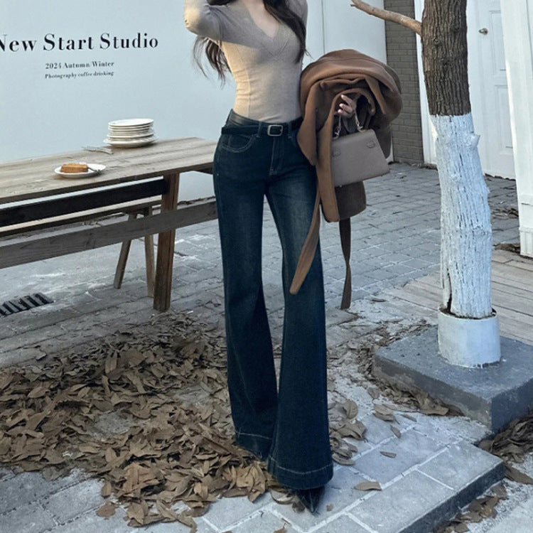 American Retro Flared Jeans for Women, Spring New Slim Fit Low-Rise Straight Cigarette Flared Pants Trendy