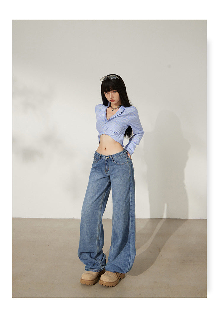 Retro Washed Wide-Leg Jeans for Women, Autumn New Low-Waist Straight Loose Design, Slimming Floor-Length Pants