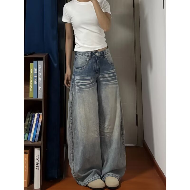 American-Style Wide-Leg Jeans for Women 2025 Spring and Autumn High-Waisted Loose Lazy Drapey Floor-Length Straight Pants