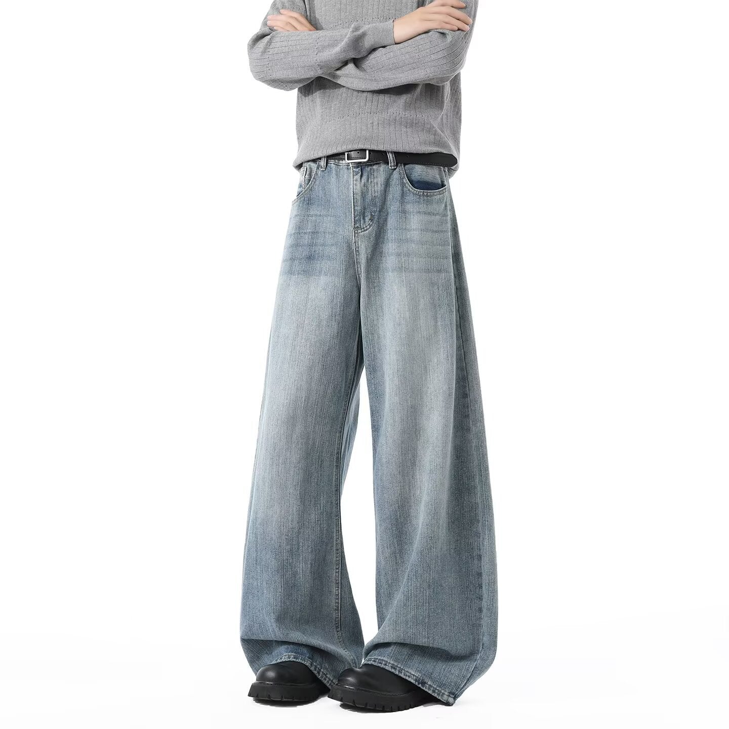Spring and Autumn American Retro Blue Versatile Wide-Leg Men's Jeans, Stylish Hip-Hop Loose Petite Drape Straight Pants