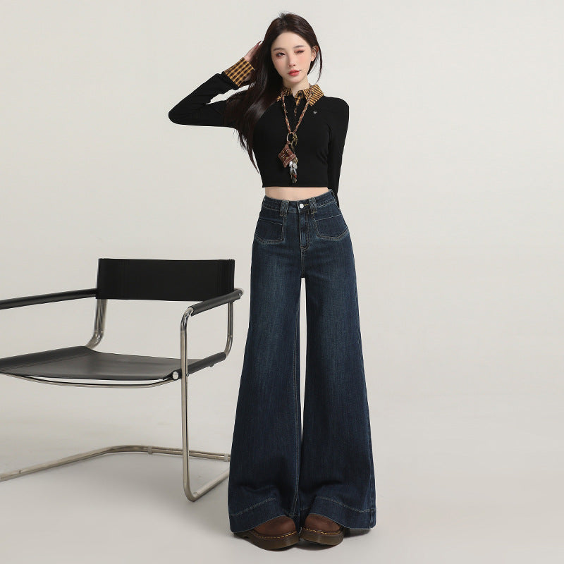 Retro American Style Denim Blue Flared Jeans for Women 2025 Autumn New Slimming Versatile Bootcut Pants