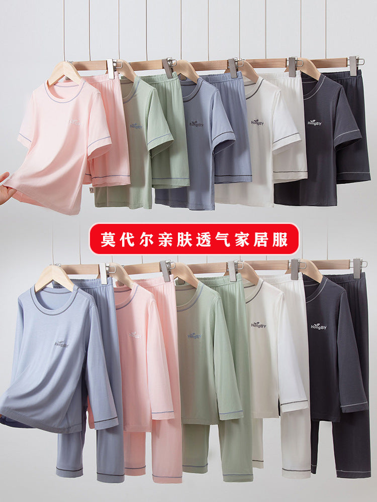 Summer Boys' Short-sleeved Shorts Modal Children's Pajamas Girls' Parent-child Home Clothes suit Children's Air-conditioning Clothes