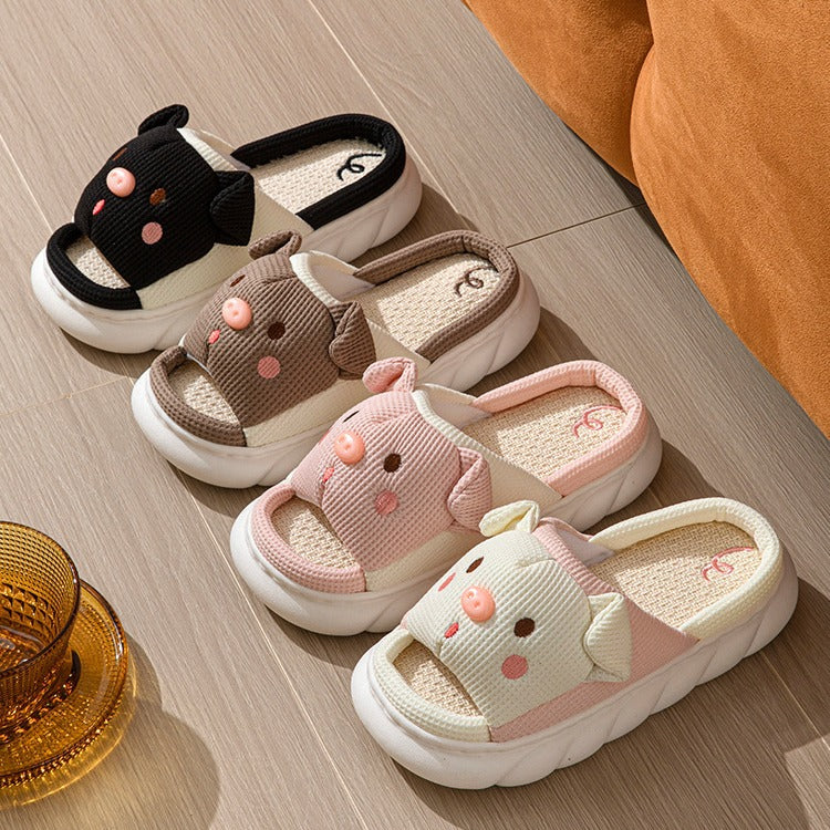 Cross-border Foreign Trade Tail Pig Cute Men and Women Couple Universal Open Toe Linen Cotton Linen Slippers