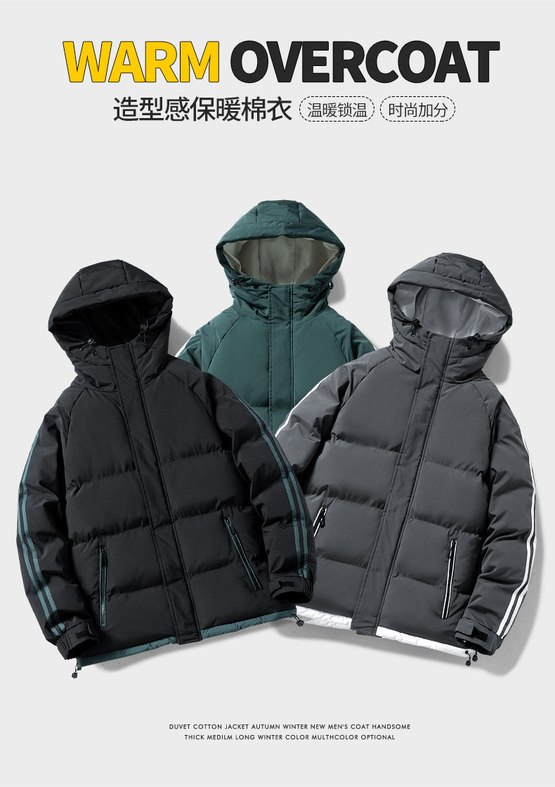 Cross-Border Wholesale Two-Stripe Cotton Jacket Unisex Hooded Cotton Coat Trendy Fashion Thickened Warm Cotton Jacket for Men