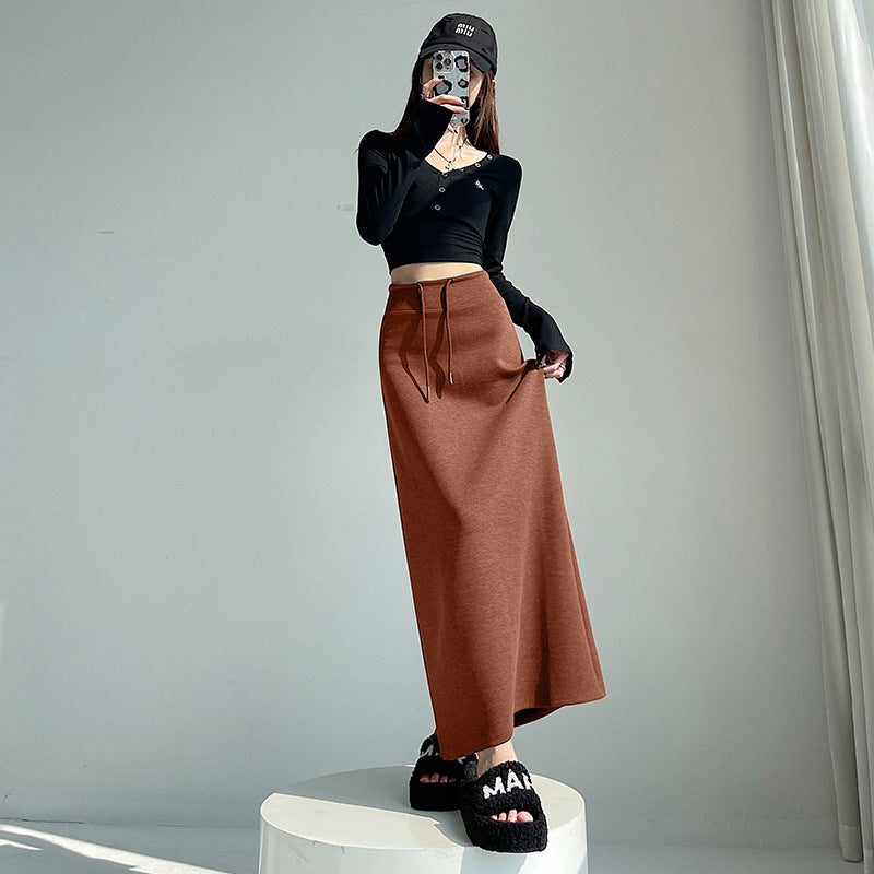Gray Sports Skirt for Women Spring & Fall New High-Waisted Straight Slit A-Line Skirt Draped Skirt Long Skirt