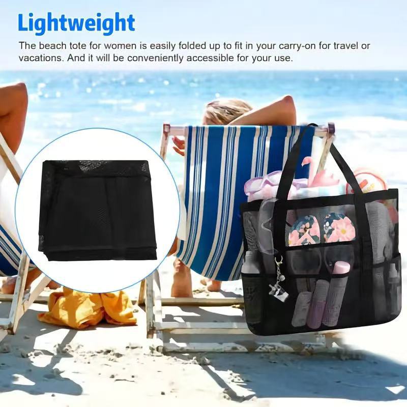 Beach Bag Shoulder Bag Mesh Beach Bag 8-Pocket Bathroom Bag Toy Storage Bag Large Capacity Mesh Cut Out Bag