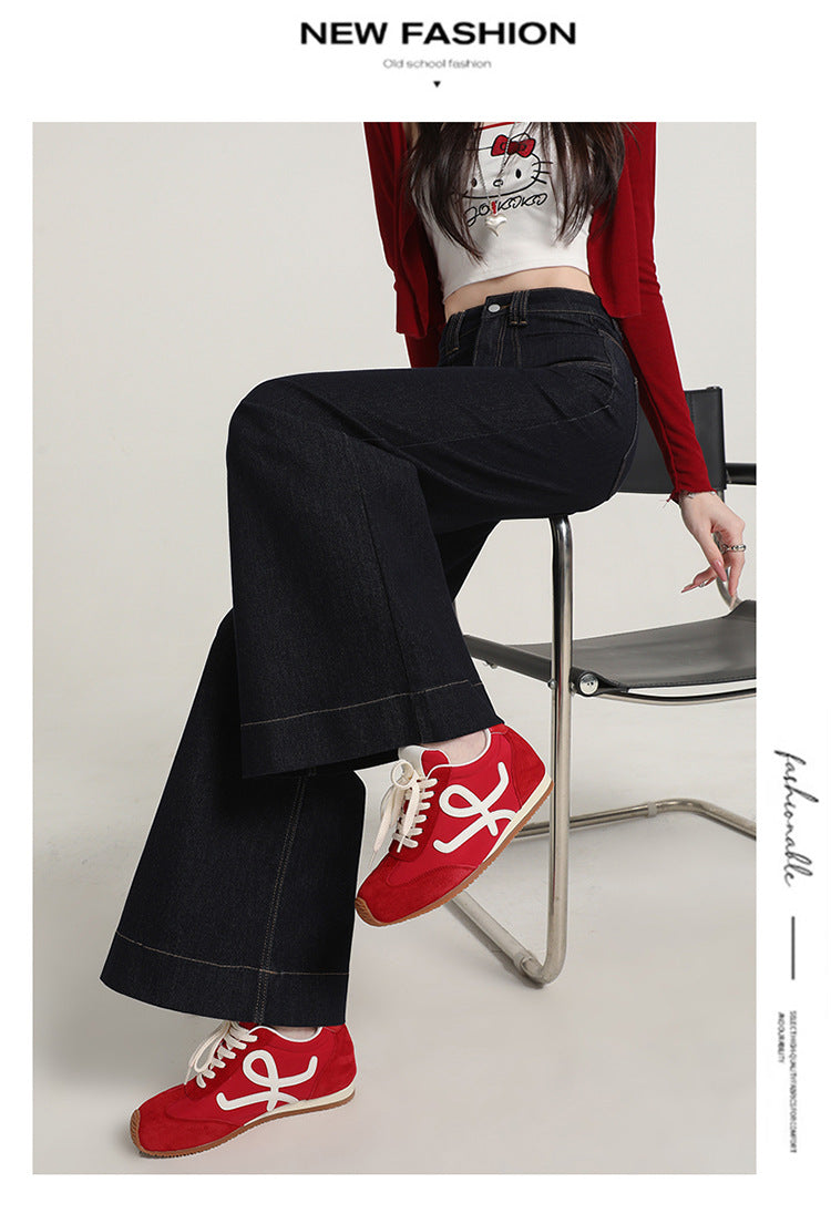 Retro American Style Denim Blue Flared Jeans for Women 2025 Autumn New Slimming Versatile Bootcut Pants