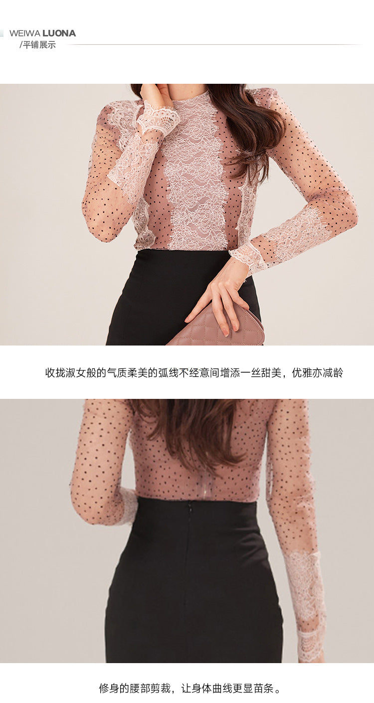 Foreign Trade Women's Clothing 2025 Spring and Summer Round Neck Sexy Polka Dot Mesh Slim Top + High Waist Slim Slit Hip Skirt