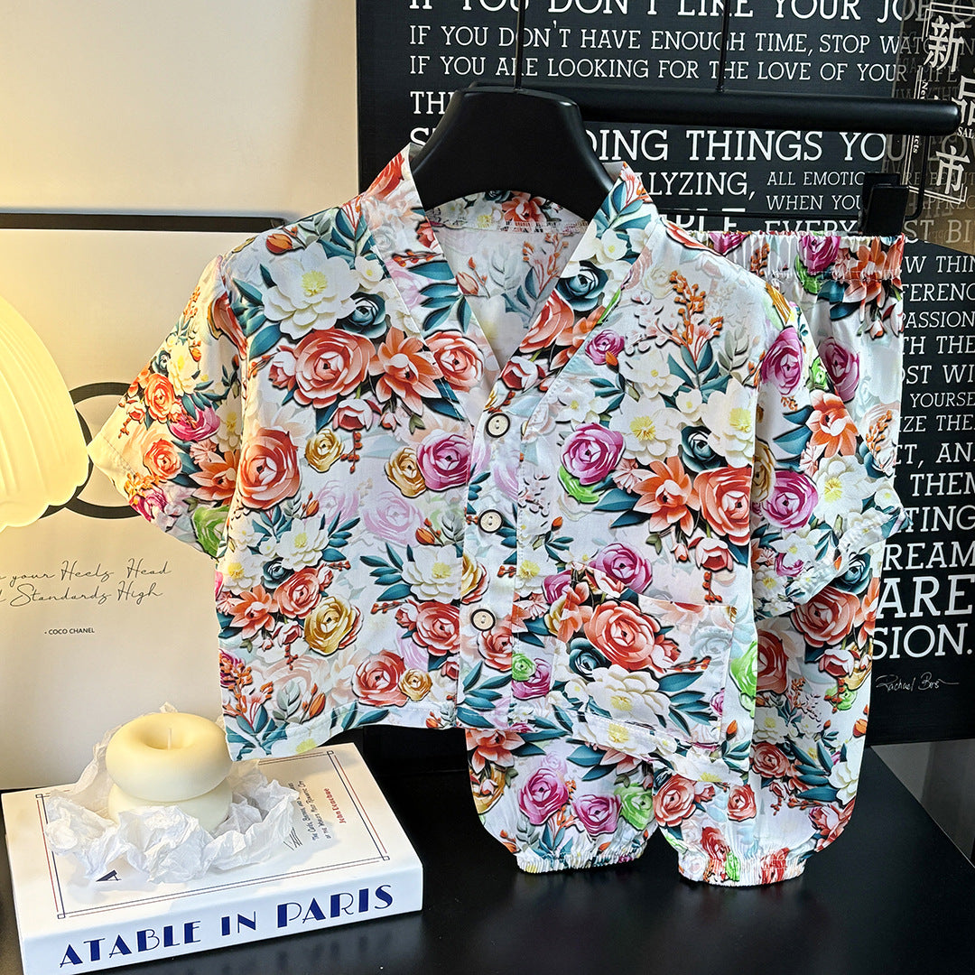 Children's Home Clothes Cotton Silk Suit Summer Boys and Girls Pajamas Artificial Cotton Two-Piece Set Cotton Silk Air-Conditioned Clothes Kidsren's Clothing