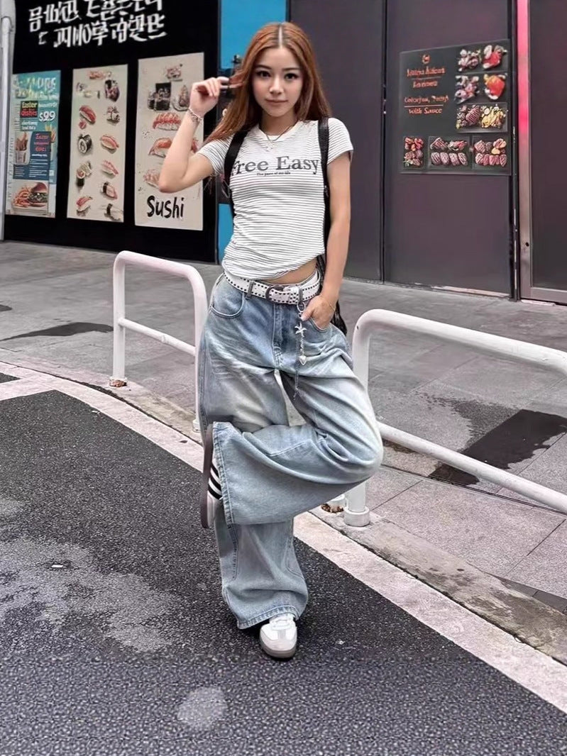 Women's Spring and Summer Thin Drape Jeans 2025 New Fashion High-Waisted Slimming Light Blue Straight Wide-Leg Floor-Length Pants